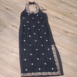 Linen Blend Midi Dress With Embroidered flowers, Quality Fabric, High Slit.sz 10